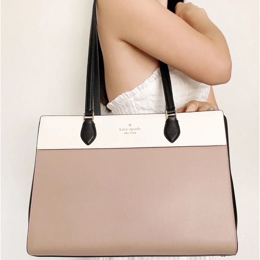 Kate Spade Madison East West Leather Laptop Tote Toasted Hazelnut Beige Multi